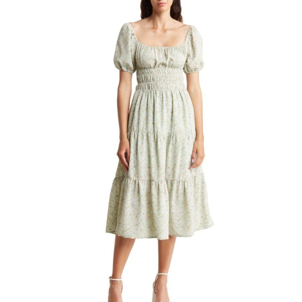 Lumiere Floral Puff Sleeve Tiered Midi Dress, Sage